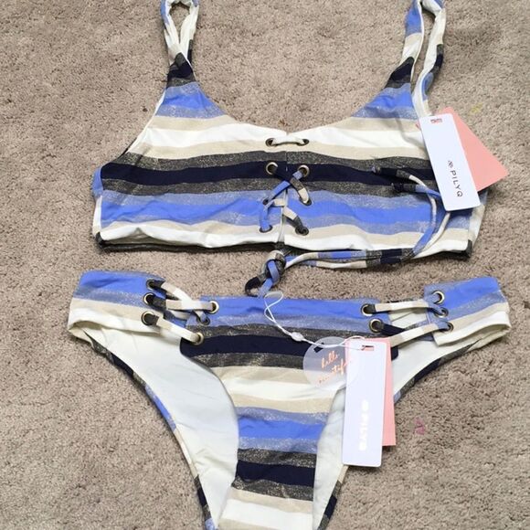 Rare. PILYQ metallic navy, blue, tan, cream stripe lace up bikini. NWT - Picture 5 of 14